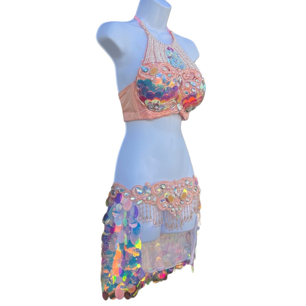 Peach Sequin Mermaid Bra and Skirt - Picture 4 of 7